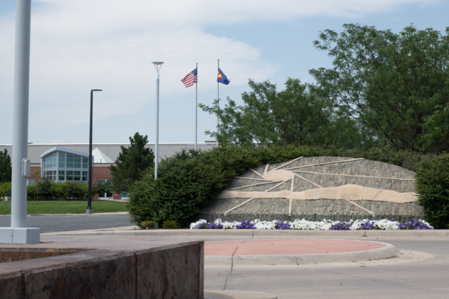 Front Range Community College Westminster Campus - traffic circle with welcome center in background