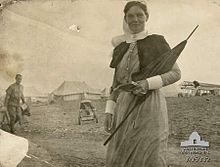 Sister Grace Wilson of the 3rd Australian General Hospital on Lemnos. She sailed from Sydney, New South Wales on board RMS Mooltan on 15 May 1915. Grace Wilson on Lemnos.jpg