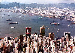 Former Yau Ma Tei typhoon shelter (background) pictured in 1985. HK 1985.jpg