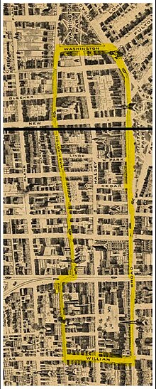 Inset of Newark Central Business District in the 1890s. As of 2023, new businesses bounded by Washington Place, Washington Street, and Broad Street and William are eligible for a grant program to encourage additional retail, dining and nightlife. Halsey street1890s.jpg