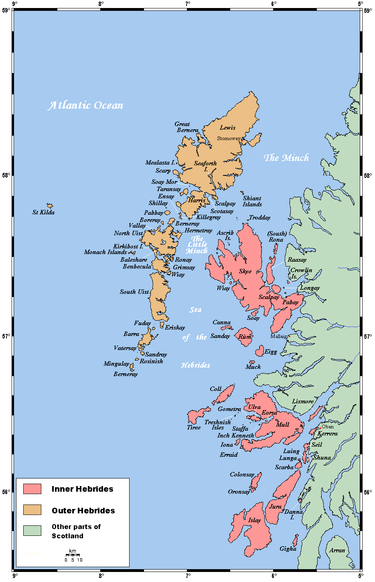 Map showing Western Scottish waters - these form part of the Inner Seas. Hebridesmap.png