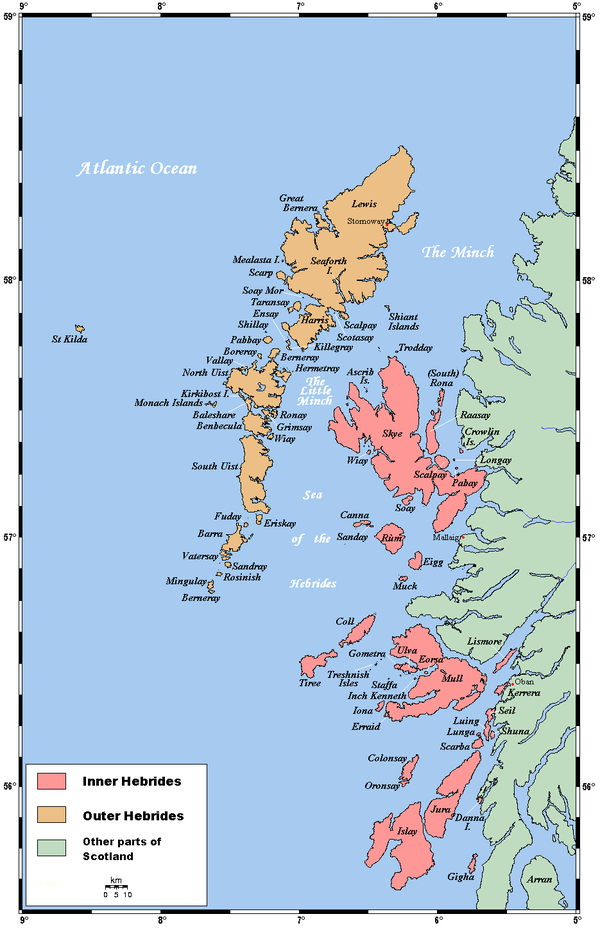 A map of the Inner and Outer Hebrides in Scotland. The Outer Hebrides are shown in Brown Hebridesmap.png