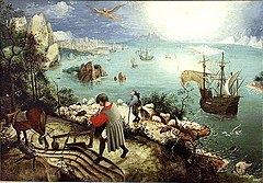 A Queda de Ícaro, ca. 1590-95, pintura a óleo sobre madeira (63 x 90 cm), de Autor desconhecido, no Museu van Buuren, Bruxelas. O Autor desta versão deveria pertencer ao círculo próximo de Pieter Bruegel para conhecer com detalhe o original deste.