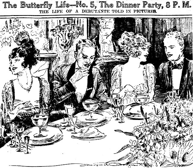 A formal dinner party as sketched in 1920 by reporter-artist Marguerite Martyn
