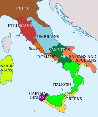 Ethnic groups of Italy (as defined by today's borders) in 400 BC Italy 400bC en.svg
