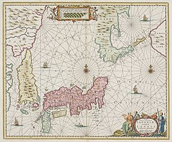 Jan Janssonius's 1652 map of Japan, incorporating the discoveries of Quast's journey and the discoveries and misinformation of De Vries's Jan Janssonius - Japan.jpg