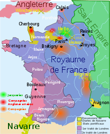 carte de France en bleu, avec des zones vertes, rouges, violet