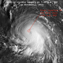 Satellite image at 11:45 UTC (7:45 a.m. EDT) on October 1 depicting the approximate final position of the SS El Faro in relation to Hurricane Joaquin Joaquin 2015-10-01 1145z.png