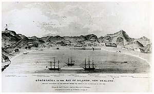 Kororareka (Russell) before the battle, 10 March 1845; Matilda is on the right Kororareka (Russell)- Before the Assault, 1845 (17386598751).jpg