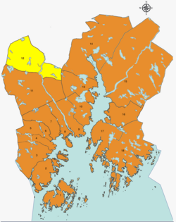 Mapa Kristiansand s okresem Mosby zvýrazněna žlutě