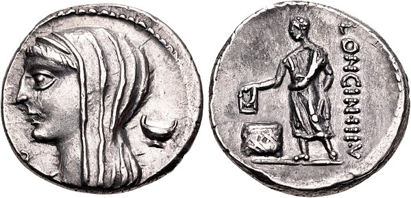 Denarius of 60 BC; veiled and draped Vesta on the left, with a lamp next to her.