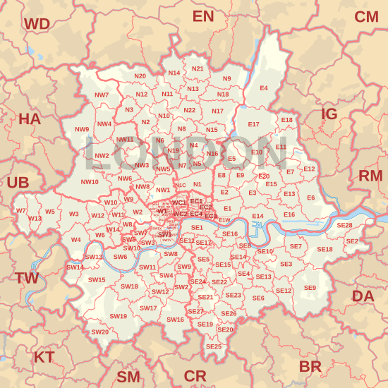 Harta orașului poștal din LONDRA, care arată districtele cu codul poștal, orașele poștale și zonele cu coduri poștale învecinate.