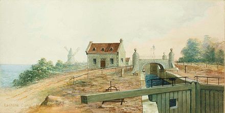 View of Lachine Canal in 1826, a year after it opened. It bypassed the rapids west of the city, linking Montreal with other continental markets.