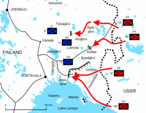 Diagram of the battles in Ladoga Karelia illustrates the positions and offensives of the four Soviet divisions, facing two Finnish divisions and one brigade. The Red Army invaded around 25 kilometres deep into Finland, but was stopped at the points of Tolvajärvi and Kollaa, and almost surrounded near the water of Lake Ladoga.