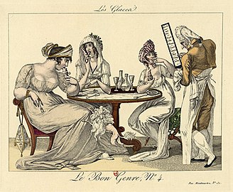 Nobles maken en eten van ijs in een Franse gravure uit 1801