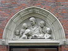 Bas-relief of Friedrich Frobel, founder of the kindergarten movement, over the library doorway Library relief - Wheelock College - DSC09864.JPG