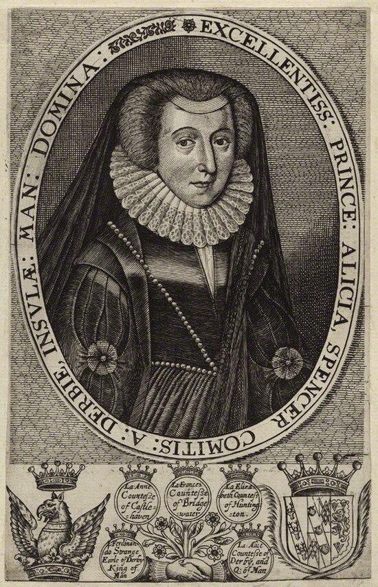 Engraving of Alice Spencer by an unknown artist. It is displayed in the National Portrait Gallery, London