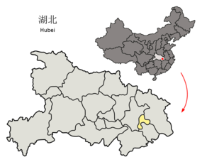 Ezhous läge i Hubei, Kina.