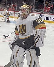 Logan Thompson is one of two goaltenders to have played 100 games with Vegas. LoganThompson2023.jpg