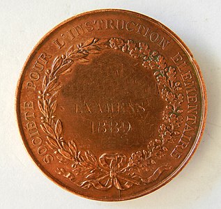 Médaille en cuivre. Société pour l'instruction élémentaire. 1889. Graveur Joseph-François Domard (1792-1858). 1815. 41 mm, 34 gr. Revers