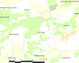 Carte de la commune de Lespugue et de ses proches communes.