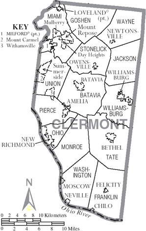 Mapa do condado de Clermont, Ohio, com rótulos municipais e municipais. PNG