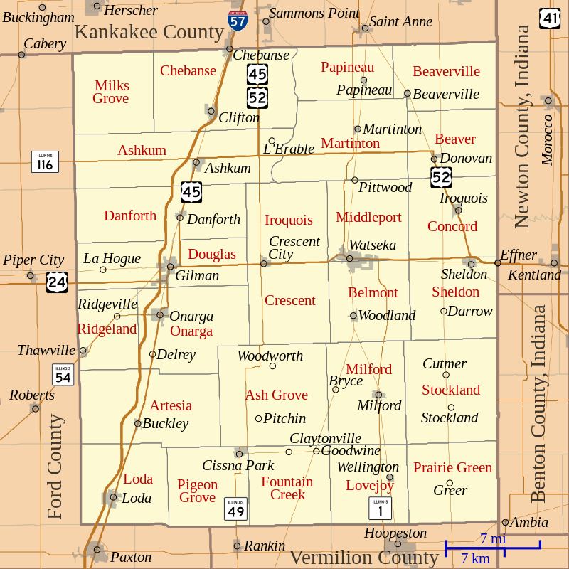 Map of Iroquois County, with townships labeled in red