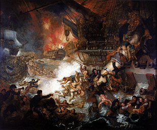 Peinture représentant le chaos de la destruction d'un navire de guerre.