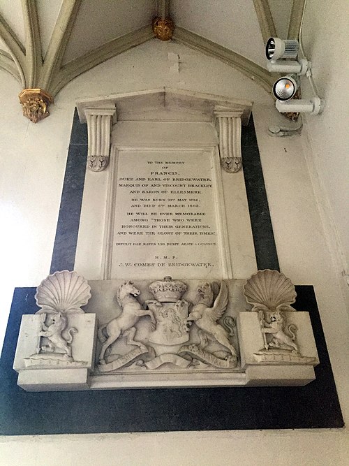 Memorial to the 3rd Duke of Bridgewater in the Bridgewater Chapel at St. Peter and St. Paul Church, Little Gaddesden, where many Egerton family member