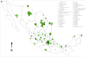 A map showing the location of the metropolitan areas in Mexico in 2004. Metropolitan Areas of Mexico.svg