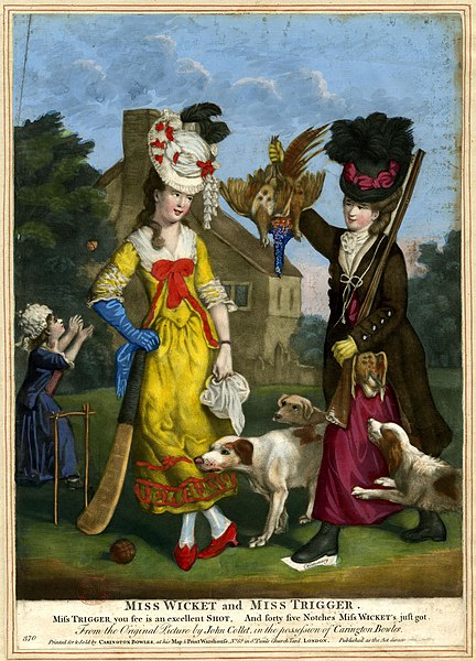 A satirical image of a woman cricketer and a woman hunter from 1778. They're both wearing late-Georgian fashion with satirically shortened hemlines an