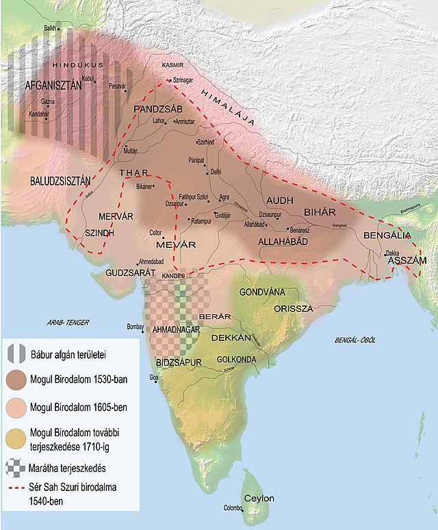 A Mogul Birodalom kiterjedései Báburtól (1526) 1710-ig