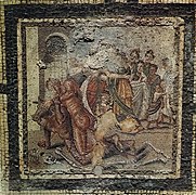 Mosaic depicting Theseus fighting the Minotaur from Room 42 the House of the Labyrinth Pompeii VI 11,9.jpg