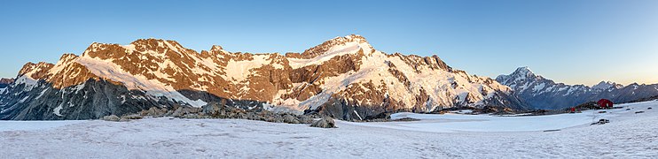 Mueller Hut with Mt Sefton and Aoraki (Mt Cook) during the sunrise