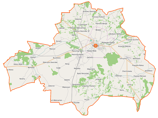 Mapa konturowa gminy Nasielsk, blisko centrum na prawo u góry znajduje się punkt z opisem „Kościół Świętego Wojciecha w Nasielsku”