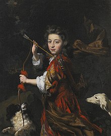 Portrait of a young nobleman with two dogs in a wooded landscape Nicolaes Maes - Portrait of a young nobleman, three-quarter-length, wearing red with a brown sash, holding a bow and a quiver of arrows, with two dogs in a wooded landscape.jpg