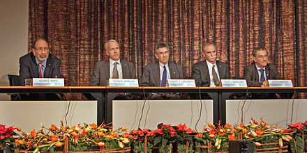 Nobel laureates of 2012 during the ceremony: Alvin E. Roth, Brian Kobilka, Robert J. Lefkowitz, David J. Wineland and Serge Haroche