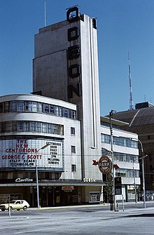 The Odeon Carlton cinema in 1972, on Carlton Street in Toronto, Ontario, Canada, showing the film The New Centurions (1972). Odeon Cinema Carlton Street Toronto 1972.jpg