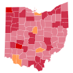 Vainqueur républicain par comté : DeWine en rouge et Taylor en orange.