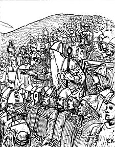 Thorgnyr the Lawspeaker showing the power of his office to the King of Sweden at Gamla Uppsala, 1018. The lawspeaker forced King Olof Skotkonung not only to accept peace with his enemy, King Olaf the Stout of Norway, but also to give his daughter to him in marriage. Illustration by C. Krogh. Olav den helliges saga CK5.jpg