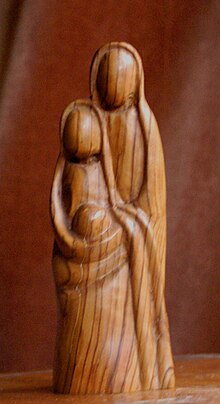 The Holy Family in olive wood. Beit Sahour, 2000. Olive wood family.jpg