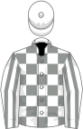 White, grey checked, white sleeves, grey striped, white cap