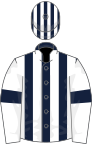 Dark blue and white stripes, white sleeves, blue armlets, striped cap