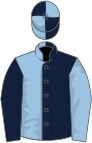 Dark blue and light blue (halved), reversed sleeves, quartered cap