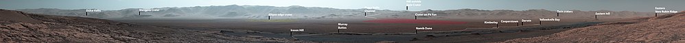 Curiosity's view of Gale Crater from the slopes (at 327 m (1,073 ft) elevation) of Mount Sharp (video (1:53)) (October 25, 2017) PIA22210-Mars-CuriosityRover-GaleCrater-20171025-annotated.jpg