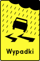 T-15 „tabliczka wskazująca miejsce częstych wypadków spowodowanych śliską nawierzchnią jezdni ze względu na opady deszczu”