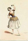 Tanssija Carlotta Grisi seisoo Effacé-poikkeamassa