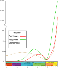 Beetle genera were mainly saprophages (detritivores) in the Permian and Triassic. During the Jurassic, herbivorous and then carnivorous genera became more common. In the Cenozoic, genera at all three trophic levels became far more numerous. Phylogenetic chart of Coleoptera.svg