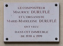 Plaque Maurice et Marie-Madeleine Duruflé, 6 place du Panthéon, Paris 5e.jpg
