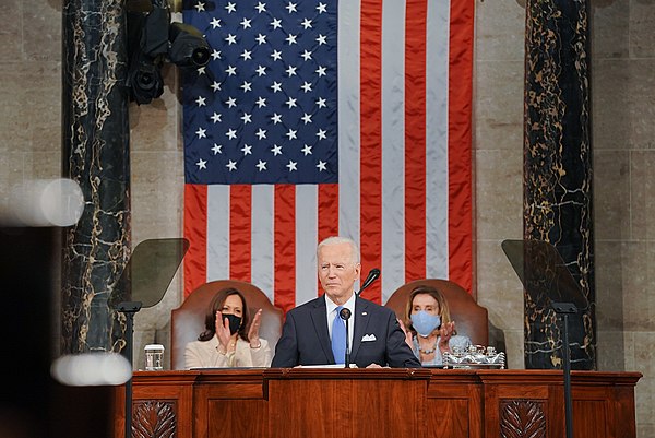 President Biden during his 2021 speech to a joint session of Congress, with Vice President Kamala Harris and House Speaker Nancy Pelosi